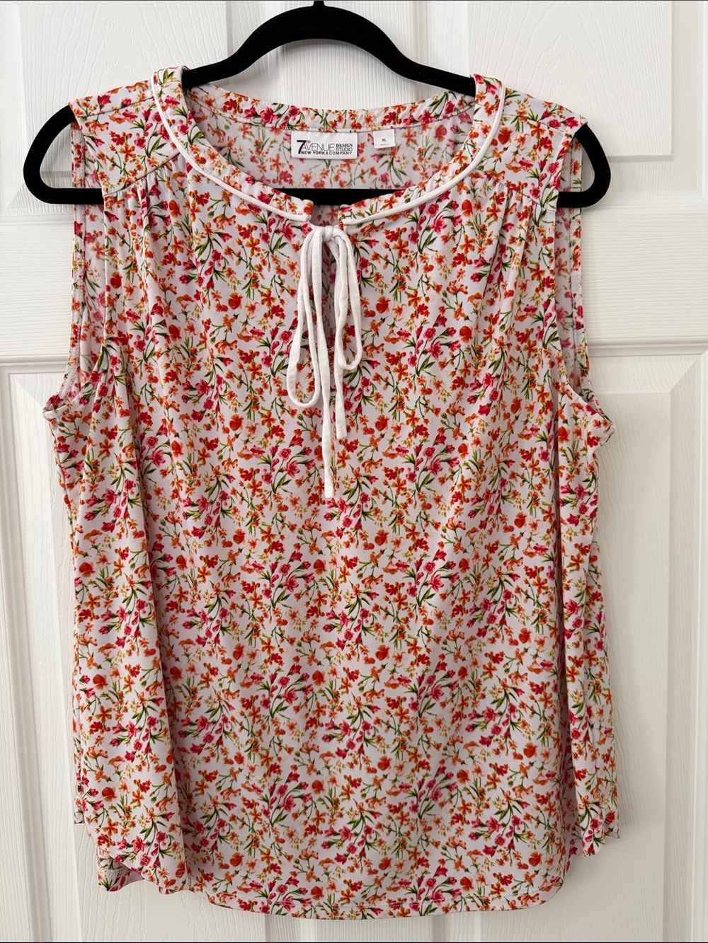 7AVENUE & Co Floral Tie-Neck Sleeveless Top - Pink/Red Floral